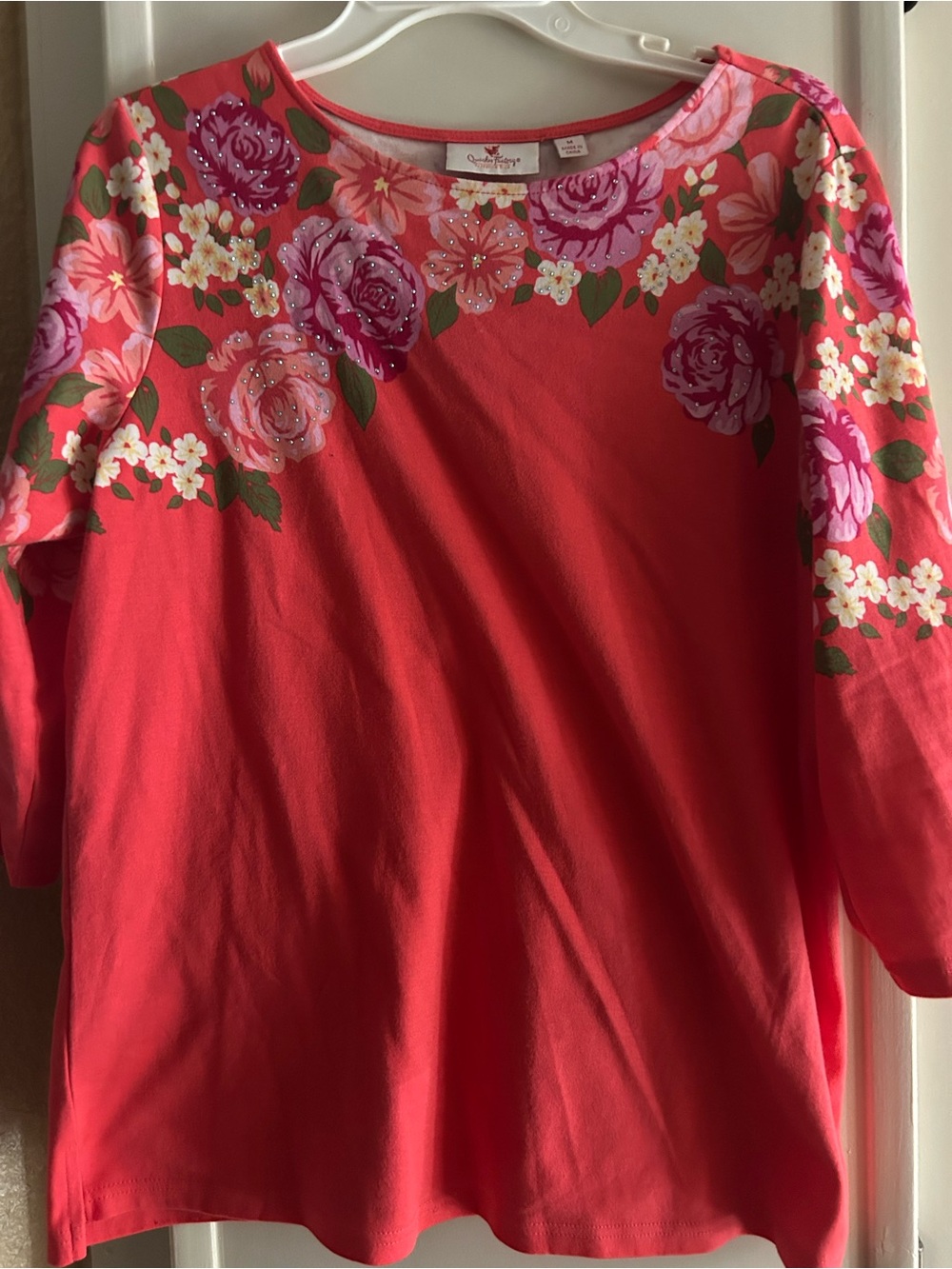 Quacker Factory Coral Floral Embroidered Neckline Tunic